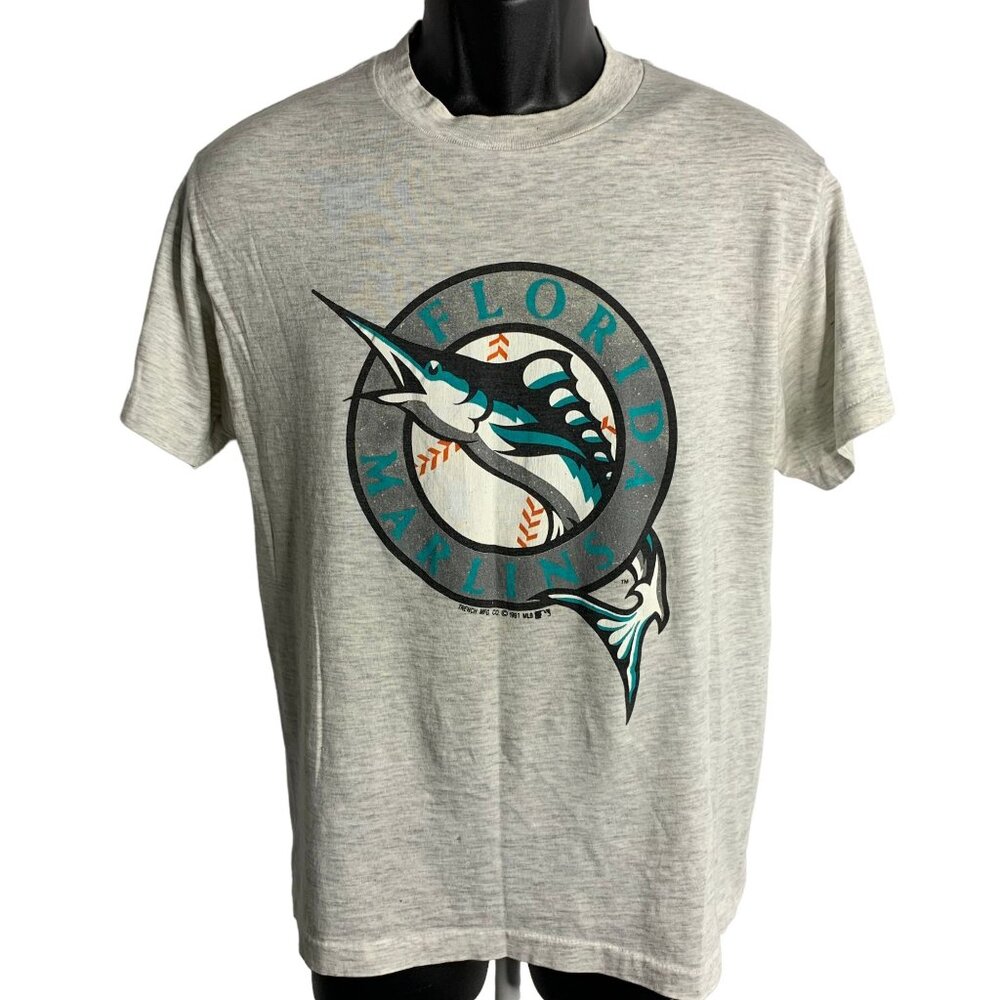 Vintage 90s Florida Marlins Crewneck T Shirt M Grey Single Stitch Short Sleeves